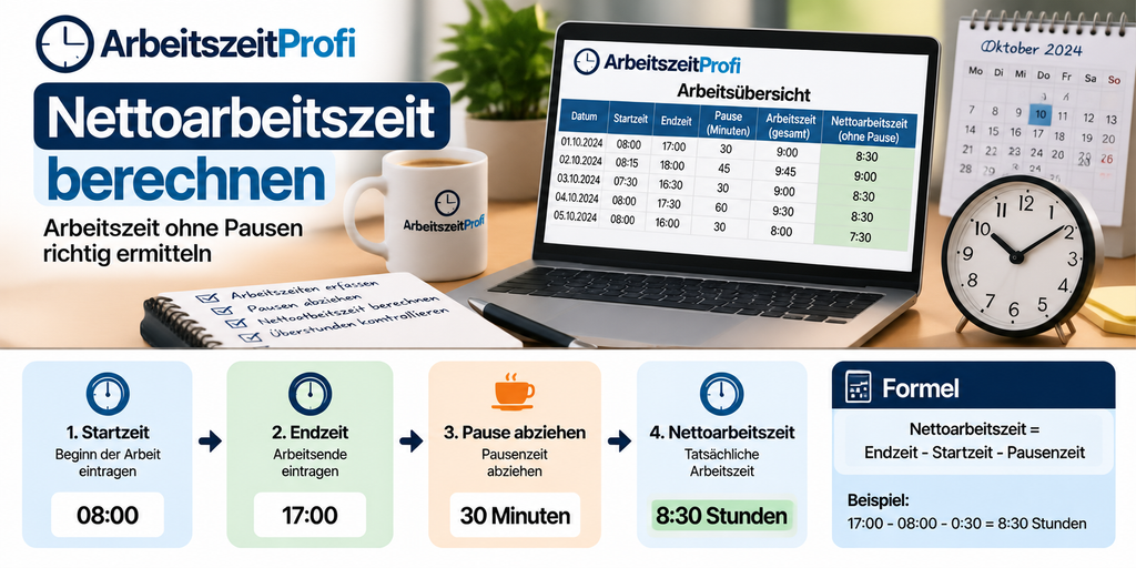 Formel zur Berechnung der Nettoarbeitszeit mit Pausenabzug