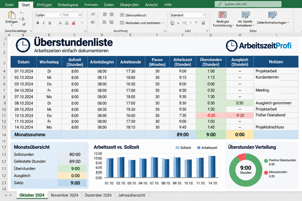 Überstunden Excel Vorlage mit Arbeitsstunden und Überstundenübersicht